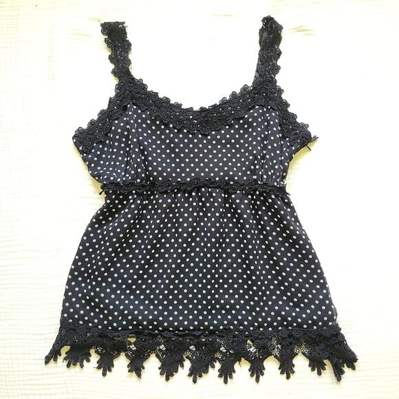 Apt. 9 Womens 14 Black Polka Dot Babydoll Tank Top Lace Trim Sheer Y2K Twee - Picture 1 of 7